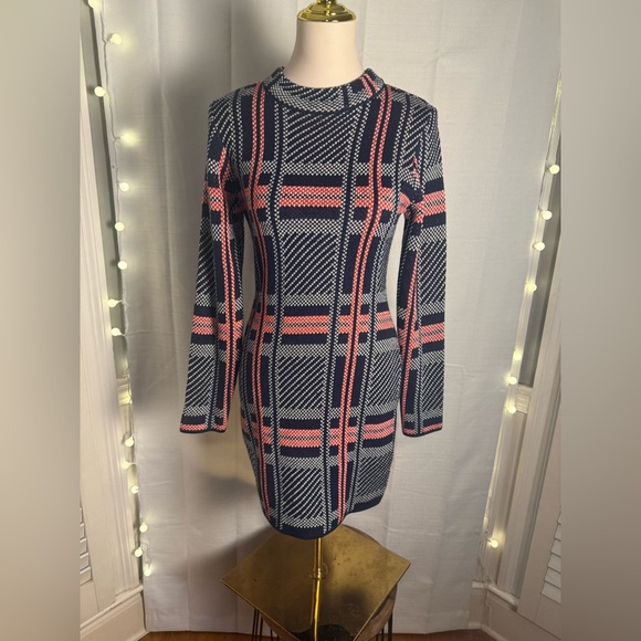 VENUS Blue and Red Sheath Dress Long Sleeve Mock Neck - Picture 1 of 8